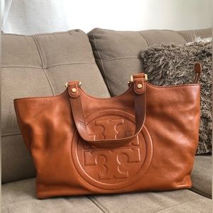 Tory Burch Leather Bombe Tote Camel Brown